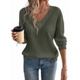 thumbnail image 1 of Blusas de Punto Gofre para Mujer, Blusas Casuales de Larga con Farol, Cuello en V, Camisetas Oversize. Verde S, 1 of 8