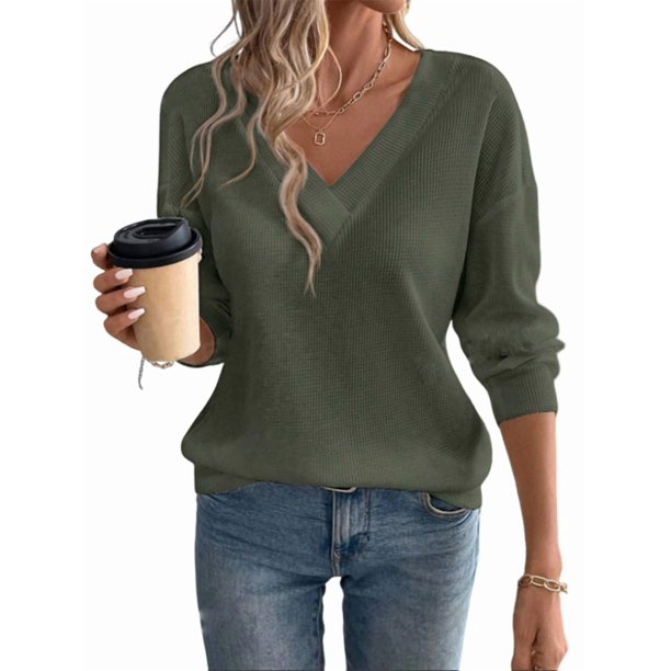 Blusas de Punto Gofre para Mujer, Blusas Casuales de Larga con Farol, Cuello en V, Camisetas Oversize. Verde S