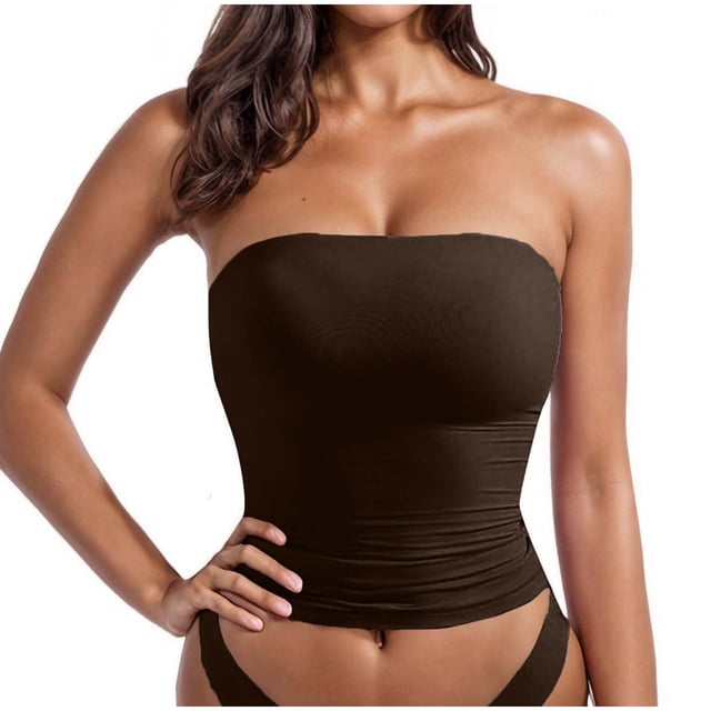 Tqcoqu Women Solid Color Camisole Strapless Beautiful Back Short Cultivate Oneself Integrated Type Strapless