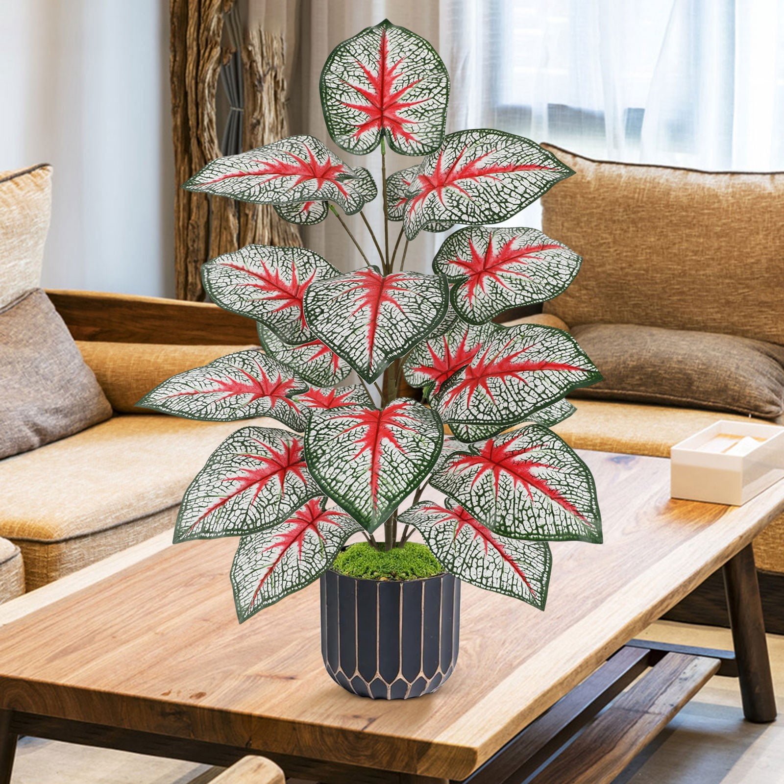 Artificial Caladium Plant Faux Red Heart Variegated Tropical Houseplant Realistic No Maintenance for Indoor Living Room Outdoor Patio Home Decor Simulation Green Plant 25.59 Inch 1Pcs