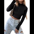 thumbnail image 2 of Tops Cortos de Larga para Mujer, Cuello Alto, de Cremallera, Ajustados, A . Negro L, 2 of 8