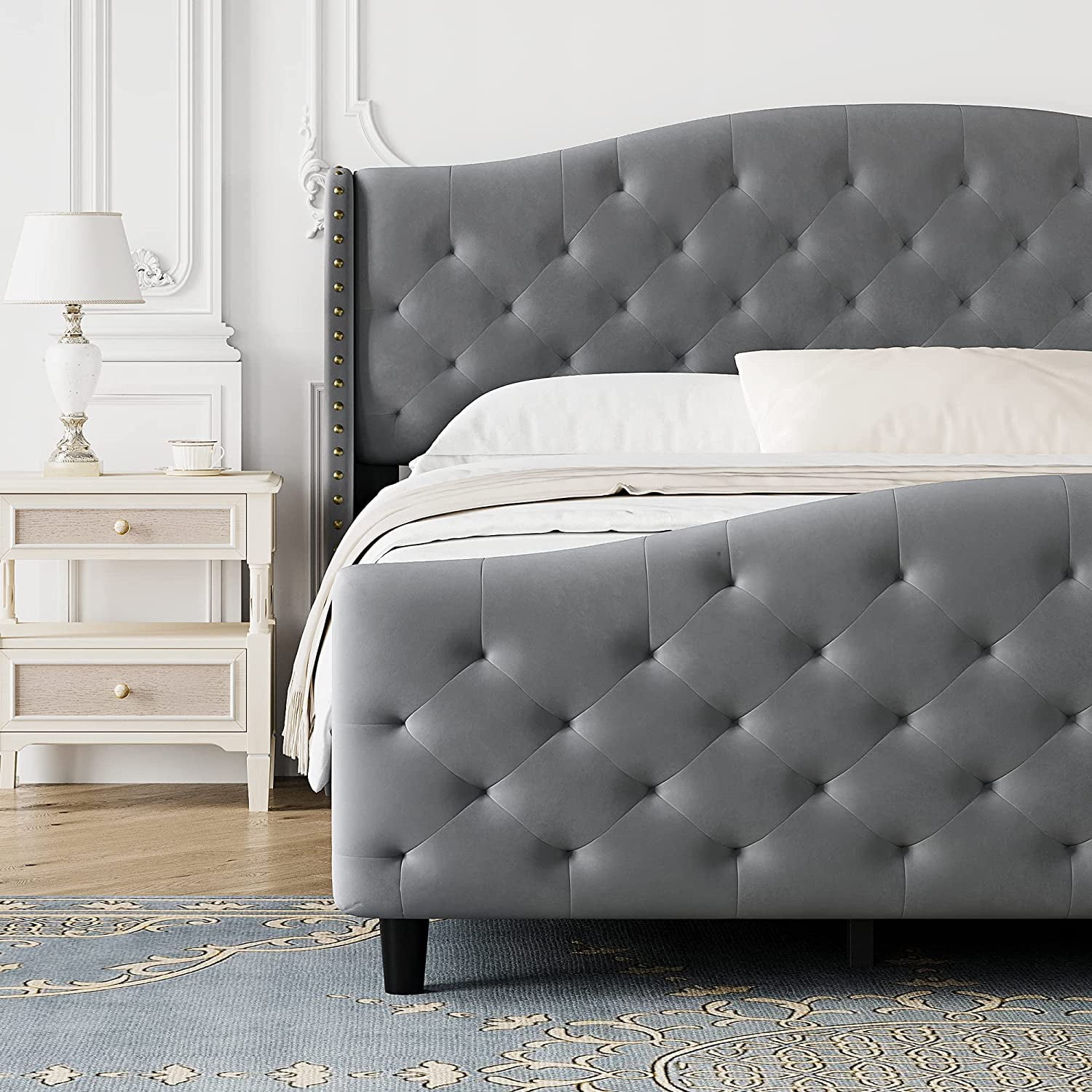 Tufted Upholstered Platform Queen Bed Frame with Headboard and Footboard, Velvet Platform Bed Raised Wing Back Headboard (Grey, Queen)