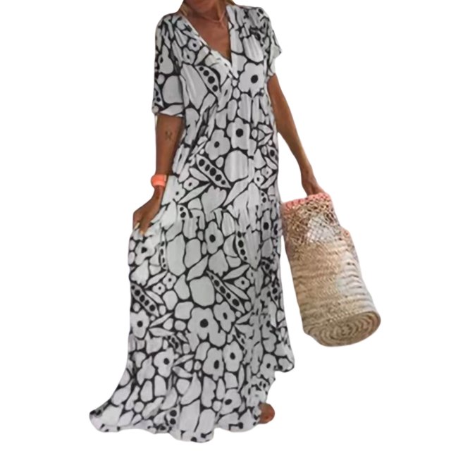 Fashnice Robe d'Été de Plage pour Femmes Col en V Robes Évasées Manches Courtes Longue Robe Maxi Décontractée Voyage Noir TG