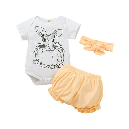 

simu Easter Clothes Baby Boy Girl Baby Girls Clothes Short Sleeve Easter Bunny Romper Solid Shorts Hairband 3PCS Set for Baby Clothes Girl