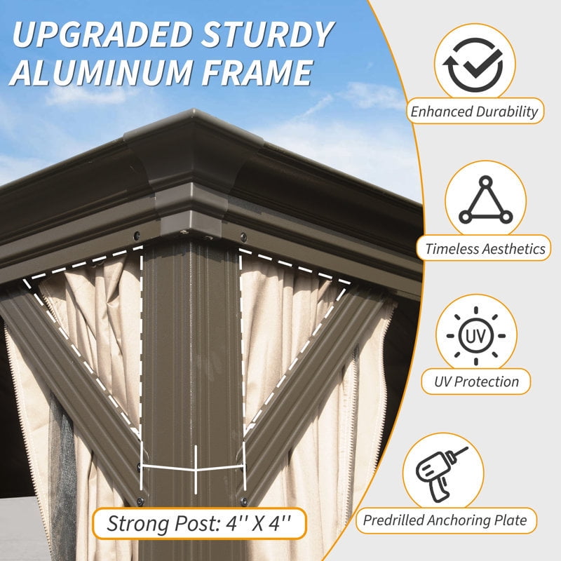 TOTAL Ourdoor 20ft×14ft Hardtop Gazebo,Aluminum Frame Canopy Galvanized Steel with Double Roof,Curtain & Netting for Patio Deck Backyard, Brown