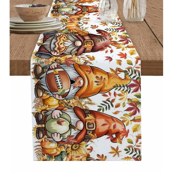 Thanksgiving Gnomes Burlap Cotton Table Runner 14x72 Inches Long, Fall Leaves Pumpkins Country Farmhouse Table Runners, Outdoor Dining Tablecloths Decor for Baby Shower/Party/Wedding