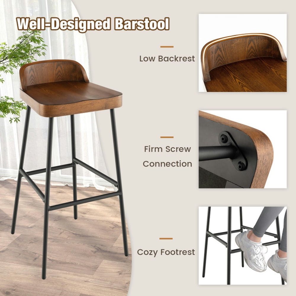 Demi Bonn 29" Industrial Bar Stools with Low Back and Footrests, Modern Kitchen Dining Chair, Brown