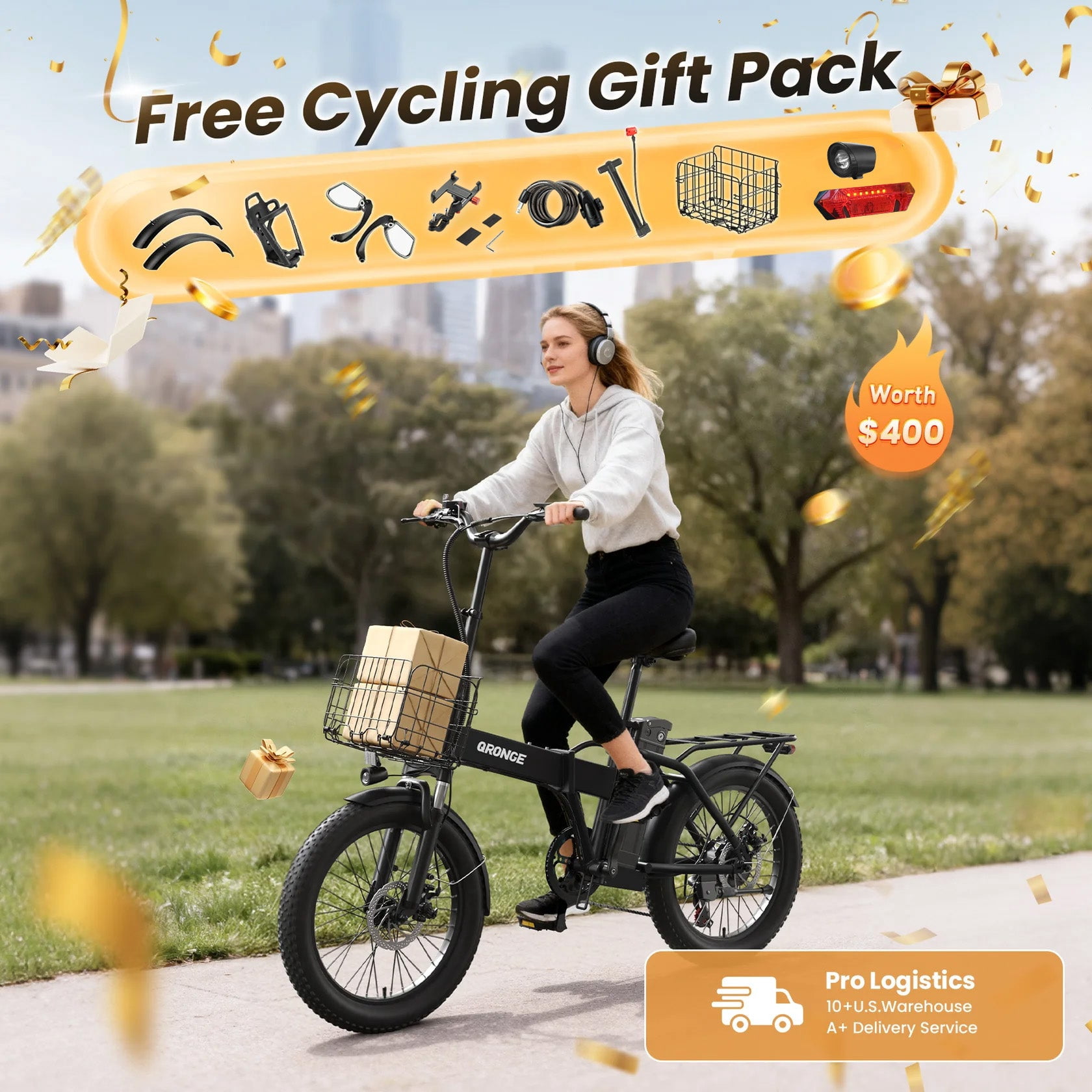 Qronge 1000W Folding Electric Bike for Adults 28mph 70Miles Max Range 20" Fat Tire Foldable Ebikes 48V 13.5AH Battery E-Mountain Bikes, UL2849 by SGS