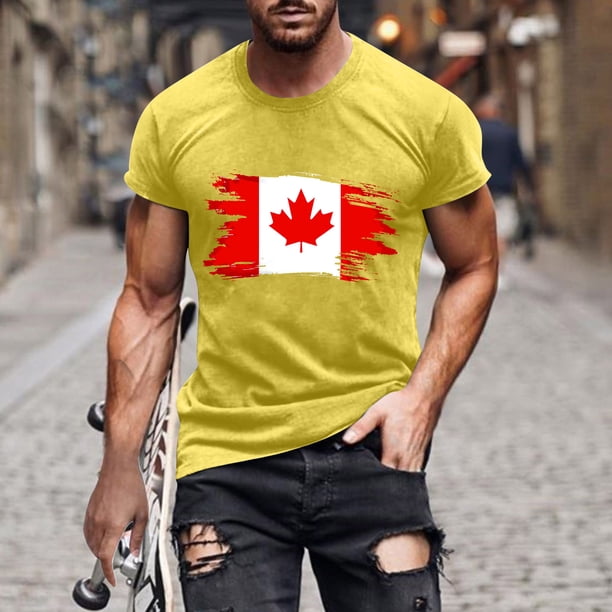 Tops para hombre, blusas y camisas de cuello redondo y manga corta para hombre. Camiseta de cuello redondo y manga corta con estampado de bandera canadiense para hombre. Blusa de algodón y poliéster p