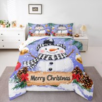 Manfei Kawaii Purple Snowman Queen Comforter Set for Kids, Xmas Poinsettia Floral Bedding Sets, Merry Christmas Reversible Bedding Comforter Set, Lightweight Room Decor, 3-Piece
