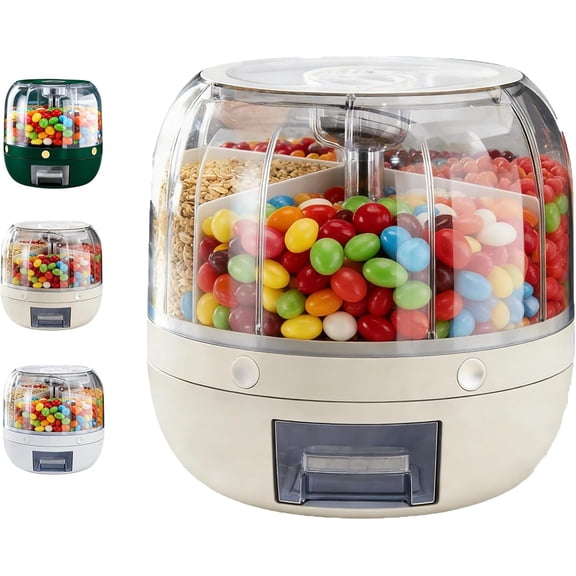 Rotating Candy Dispenser, Candy Dispenser Countertop, 2026 New 360° Rotation Design Candy Dispensers with 6 Storage Compartments, One-Click Output,For Snacks & Candy, Grains, Beans (Beige, 7.4 in)