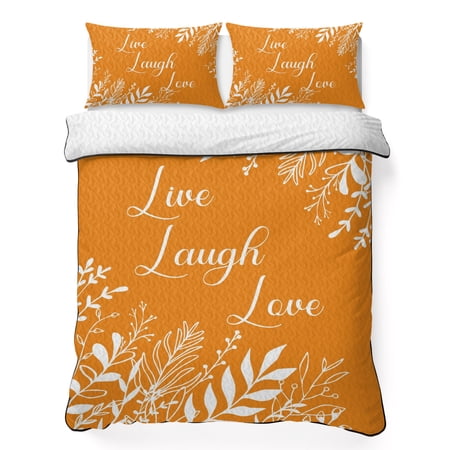 Queen Quilt Bedding Set Vibrant White Leaves Live Quote Soft Microfiber Summer Bedspread Coverlet with 2 Pillow Shams Botanical Foliage on Orange Breathable Bedding Set for Hot Sleepers
