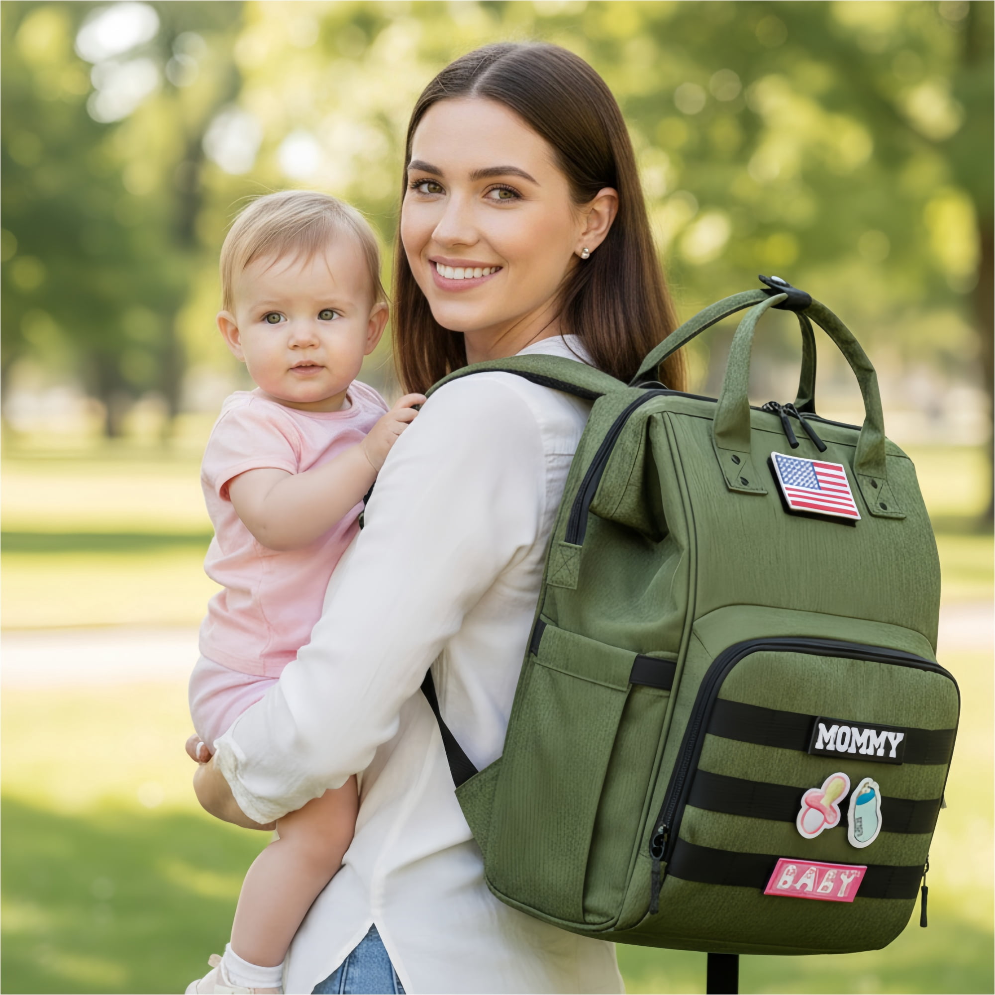 Diaper Bag Backpack for Dad and Mom with USB Charging Port Stroller Straps and Insulated Pocket,army military Travel Nappy Backpack for daddy mommy (Green)