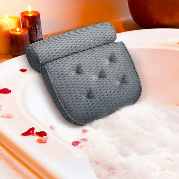 4D Ergonomic Bathtub Pillow Bath Cushion with Suction Cups Non-Slip for Jacuzzi, Hot Tub, Home Spa, Head and Neck Support, 37x38x10cm Grey-blue