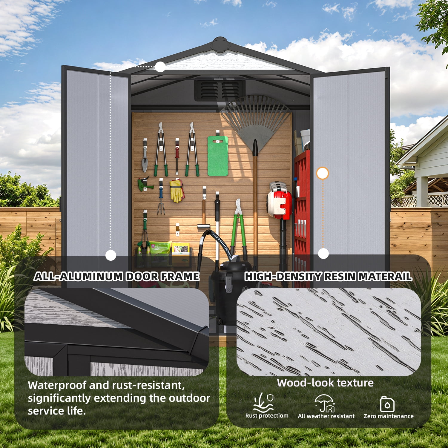 MELLCOM 6 x 4 FT Resin Outdoor Storage Shed with Floor, Outdoor Storage Tool Shed with Windows and Lockable Door, Resin Garden Shed for Bike, Garbage Can, Lawnmower