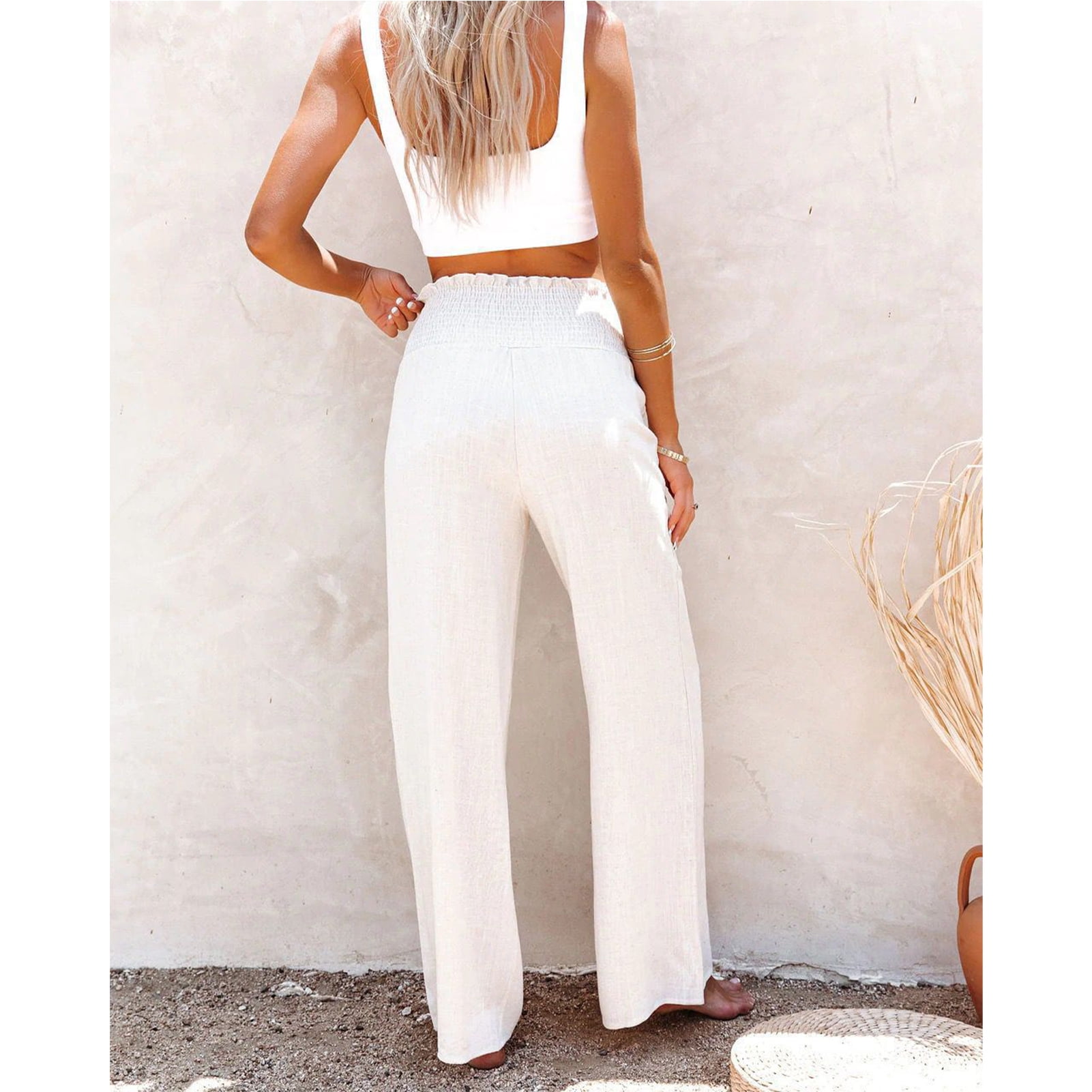 Loose Long Wide Leg Pants Women Wide Leg Trousers Button Trim Pants High Waist Back Elastic Waistband Casual Bottoms For Daily Life Holiday Date White