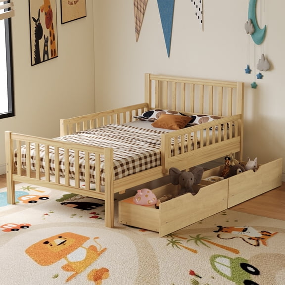 Euroco Wood Twin Size Platform Bed with Guardrails and Drawers for Kids Teens Toddlers, Natural