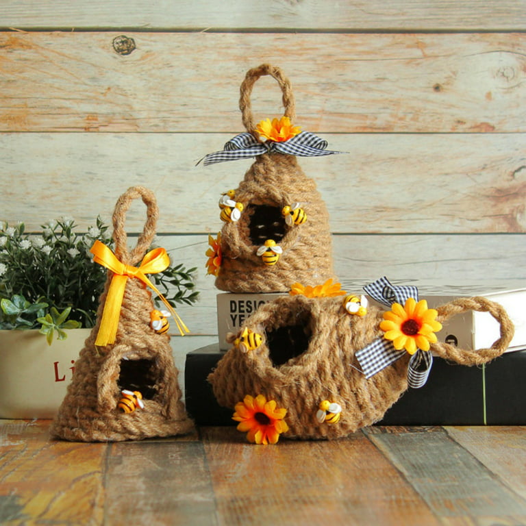 3PCS Jute Bee Hive Decor Bee Tiered Tray Decorations Honey Bee Skeps Spring  Farmhouse Coffee Table Decor Country Kitchen Decor Natural Bee Party Summer  Sunflower Home Bookshelf Decor 