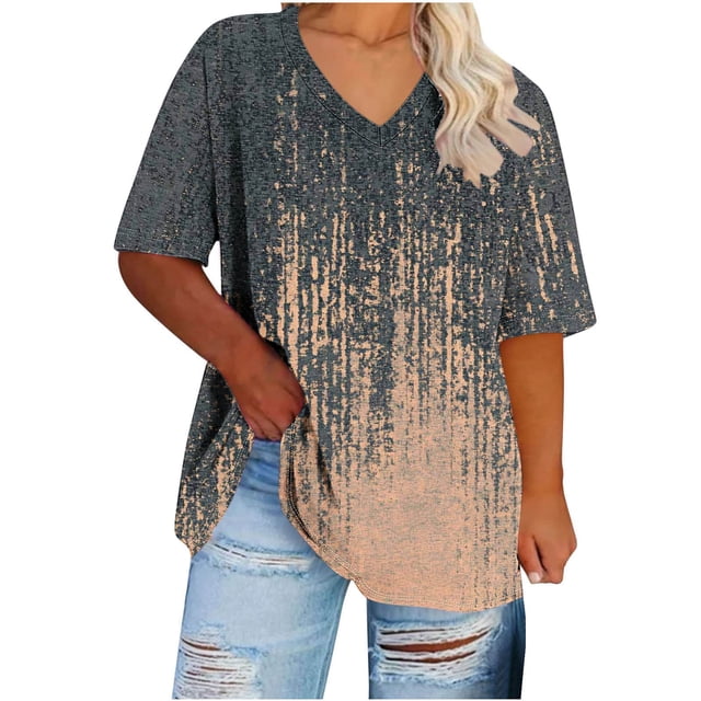Puntoco Liquidación de blusas cortas para mujer Camisa básica estampada de manga corta con cuello en V y talla grande para mujer