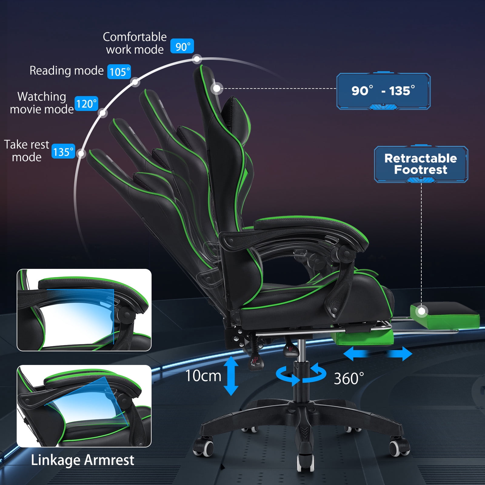 Hoffree Gaming Chair Massage Game Chair with Footrest and Massage Lumbar Support Ergonomic Computer Chair Height Adjustable with Swivel Seat and Headrest