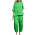 thumbnail image 2 of Linen Tops and Pants Set Women 2 Piece Loose Lounge Outfits Drop Shoulder 3/4 Sleeve T-shirt Pockets Wide Leg Trousers (2XL, Green), 2 of 7