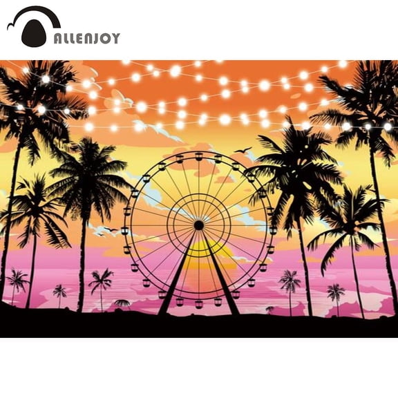 Allenjoy Summer Seaside Ferris Wheel Background For Photography Palm Trees Sunset Wedding Party Banner Birthday Photo Backdrops