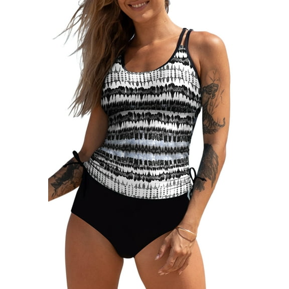 Women's Black Printed Double Straps Tankini Top with Solid Shorts - Stylish 2-Piece Swimsuit | [ZhiHiMeRi] | (US 18-20)2XL