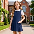 thumbnail image 6 of Arlun Girls Sleeveless Uniform Jumper Dress Cute Crew Neck Short Sleeve Knee Length School Pleated Dresses with Side Pockets Solid Color Casual Back to School Clothes 1-Blue 110, 6 of 8