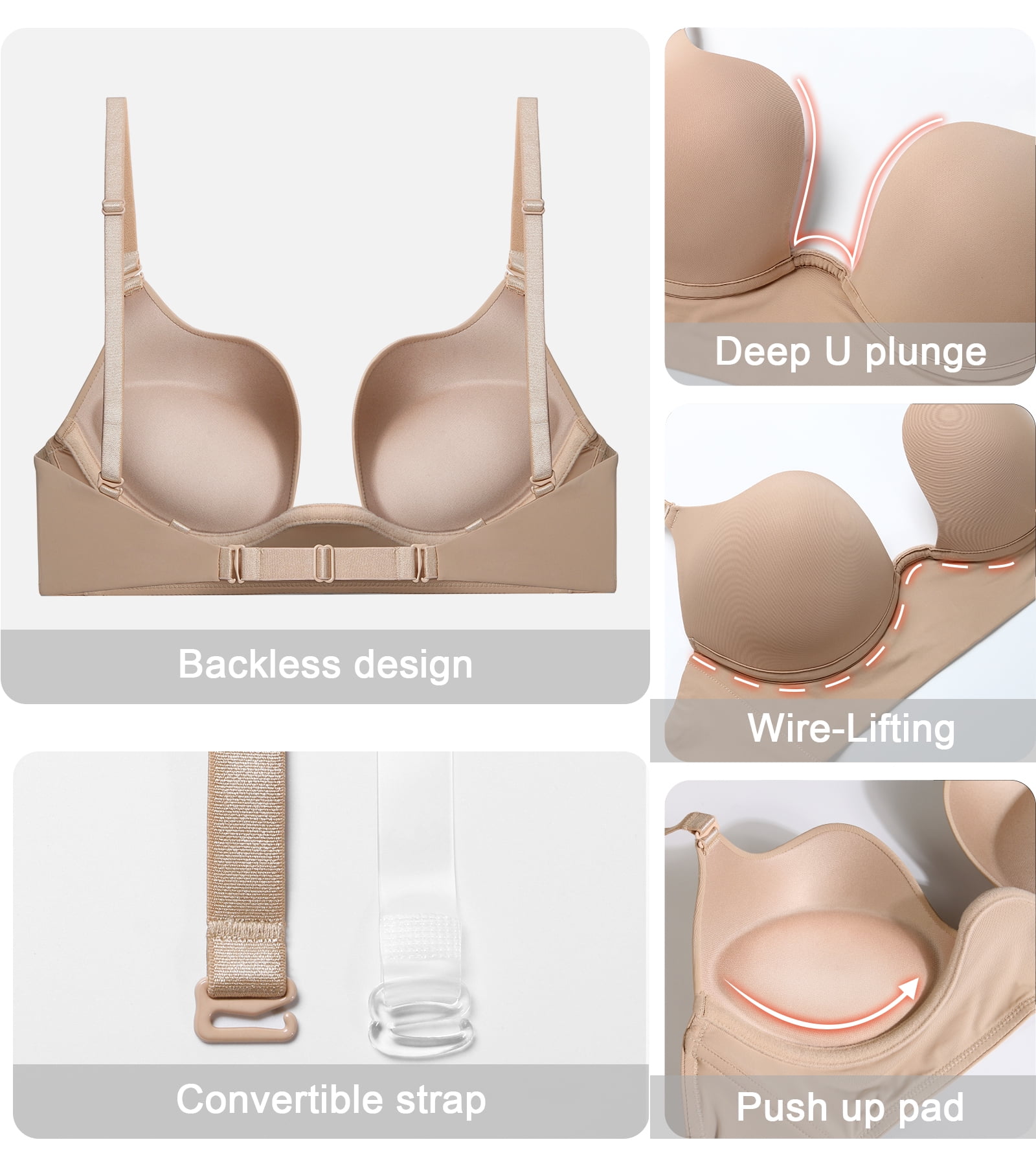 Exerin Women's Plunge Backless Bra Underwire Push Up Padded Multiway Low Back Bras(32B,Beige)