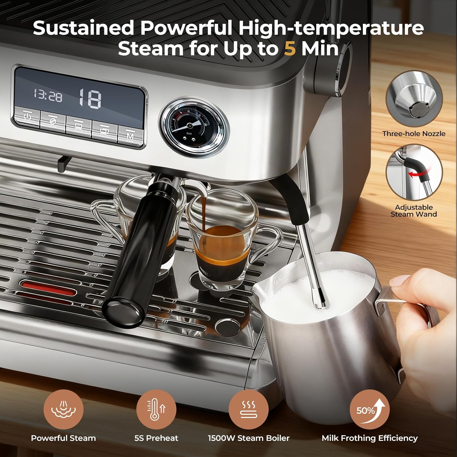 WAA 20 Bar Dual-Boiler Espresso Machine 30 Grinder Settings,Milk Frother,95oz Tank 58MM LED Display,Silver
