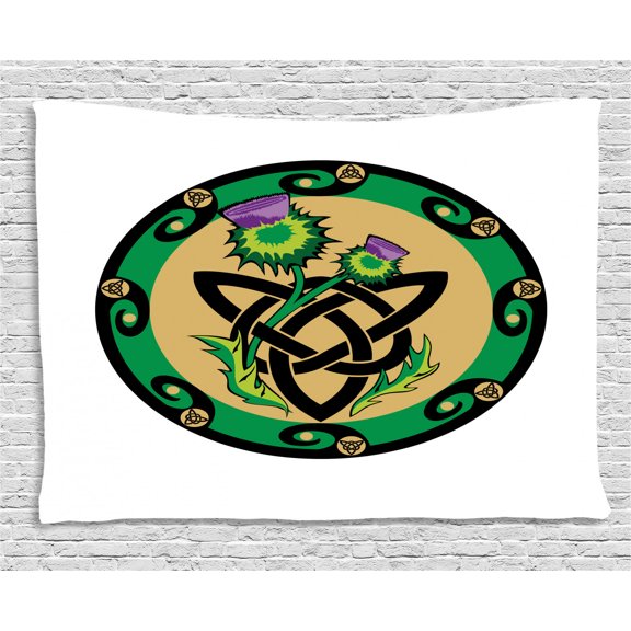 Thistle Tapestry, Thistle Petal and Stems with Thorns in a Circular Border of Celtic Knot Symbol, Wall Hanging for Bedroom Living Room Dorm Decor, 80W X 60L Inches, Multicolor, by Ambesonne