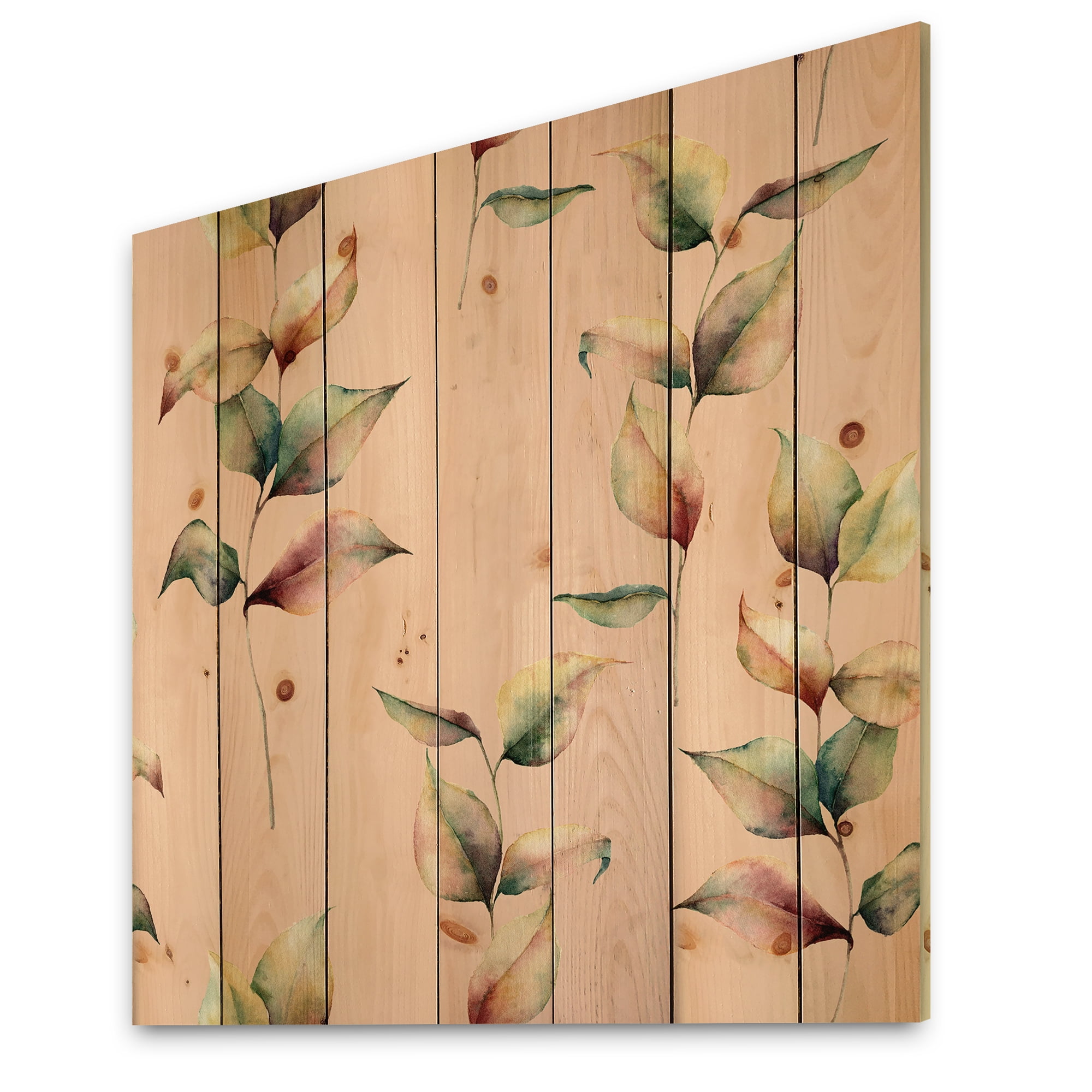 Designart 'Autumn Pink Leaves with Branch On Pastel Colors' Traditional Print on Natural Pine Wood