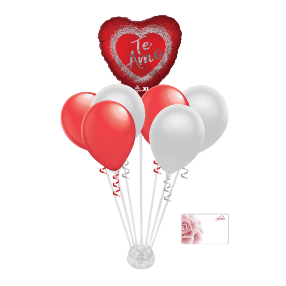 Party DIY Heart Balloon with 6 Red and Silver Balloons 1 Te Amo Foil Balloon with Stand