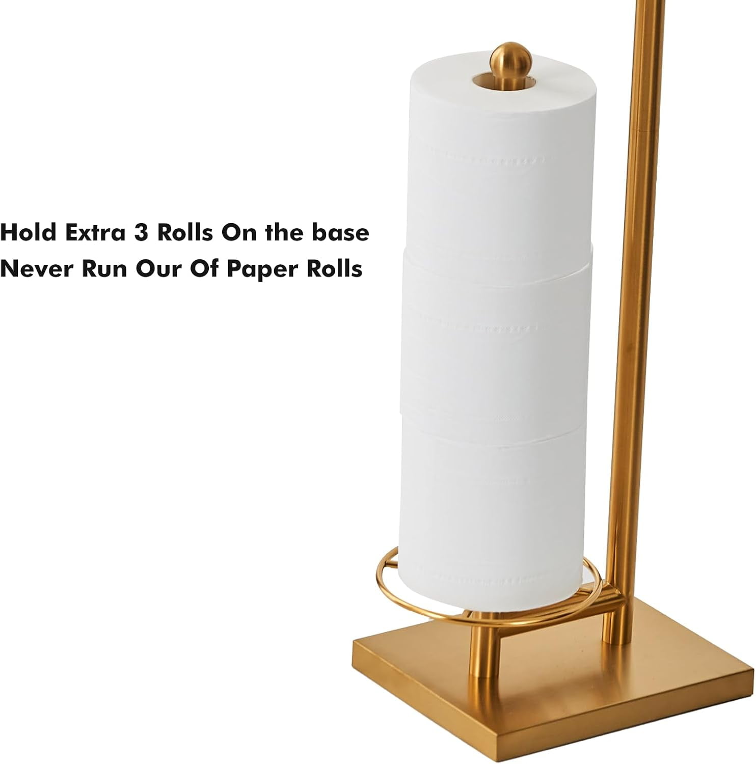 Toilet Paper Holder with Tray at The Top, Heavy-Weighted Base No Wobbly, Freestanding Toilet Paper Rolls Stand, Hold Extra 3 Paper Rolls On The Base (Gold)