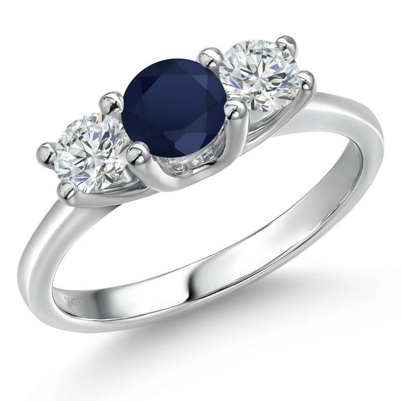 Gem Stone King 14K White Gold Blue Sapphire & White Lab Grown Diamond 3-Stone Engagement Ring | 1.14 Cttw | Round 5MM and 4MM | Three Stone Wedding Anniversary Promise Ring for Women (Size 9)