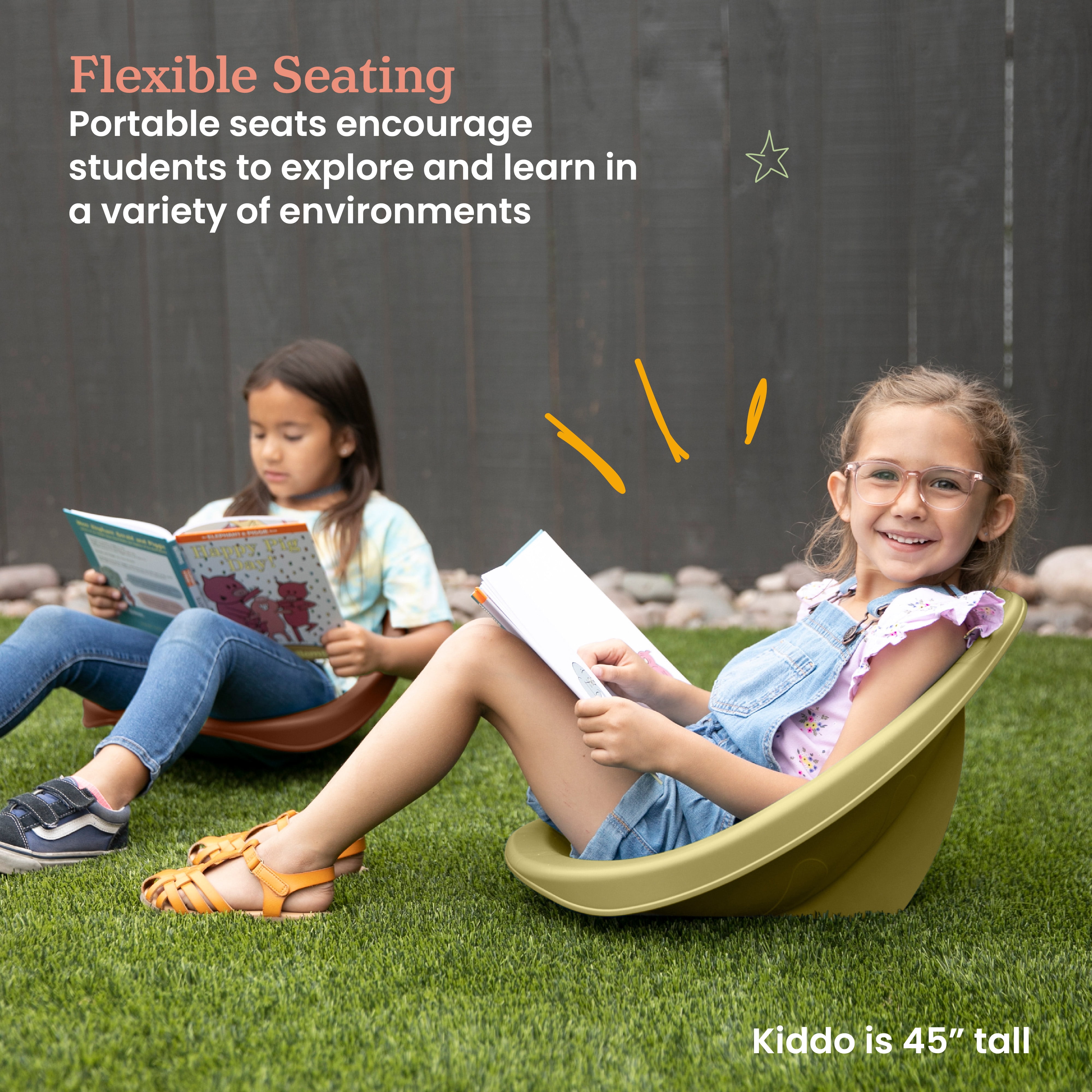 ECR4Kids Plastic Leaf Scoop Floor Rocker Seat, Classroom Furniture, Earthtone, 6-Piece
