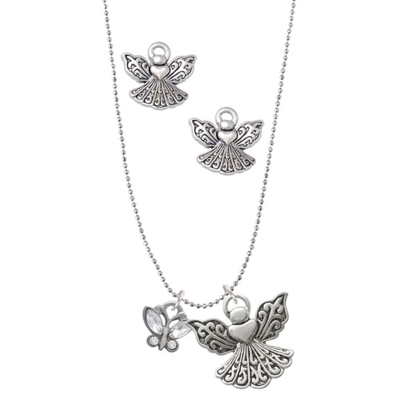 Delight Jewelry Silvertone Mini Butterfly with Clear Wings & Crystals Silver tone Guardian Angel Charm Necklace and Stud Earrings