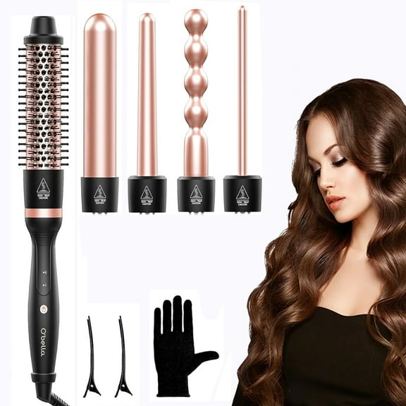 Curling Iron Set,5 in 1 Curling Wand Set with Thermal Brush&4 Interchangeable Ceramic Curling Wand(0.35”-1.25”), 2 Temps Instantly Heating Hair Wand Curler