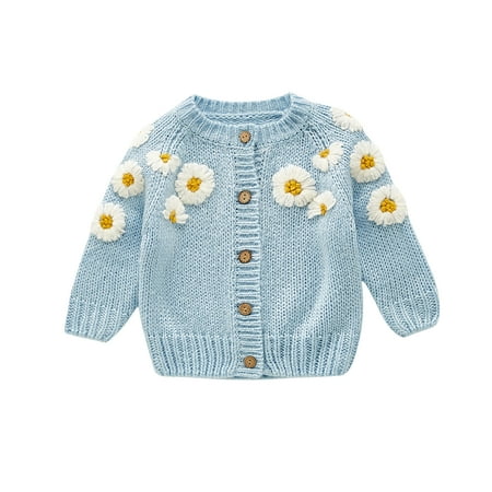 

Musuos Autumn Toddlers Knitted Cardigan Baby Girls Daisy Embroidery Round Collar Long Sleeve Single-breasted Outwear Casual Tops