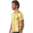thumbnail image 2 of YONGHS Men's Liquid Shiny Metallic V-Neck Short Sleeve T-Shirt for Nightclub Tops Gold 3XL, 2 of 6