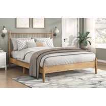 1pc Mid-Century Modern Full Platform Bed in Natural Finish, Wooden Bedroom Furniture, Vertical Slats Headboard, Boxed