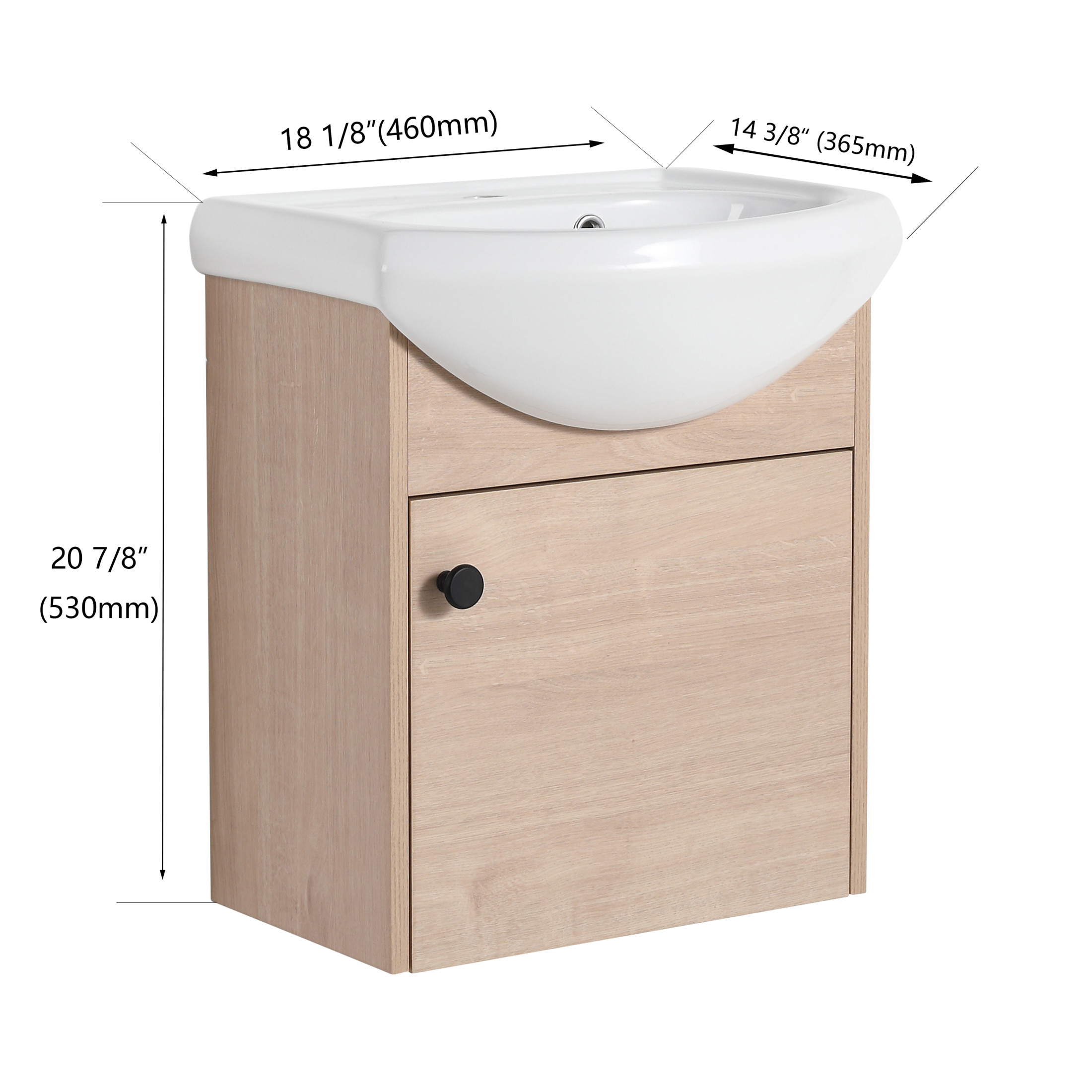Noble House 18" Floating Bathroom Vanity, Ceramic Sink, Plywood Soft-Close Door, Wall-Mounting, Plain Light Oak