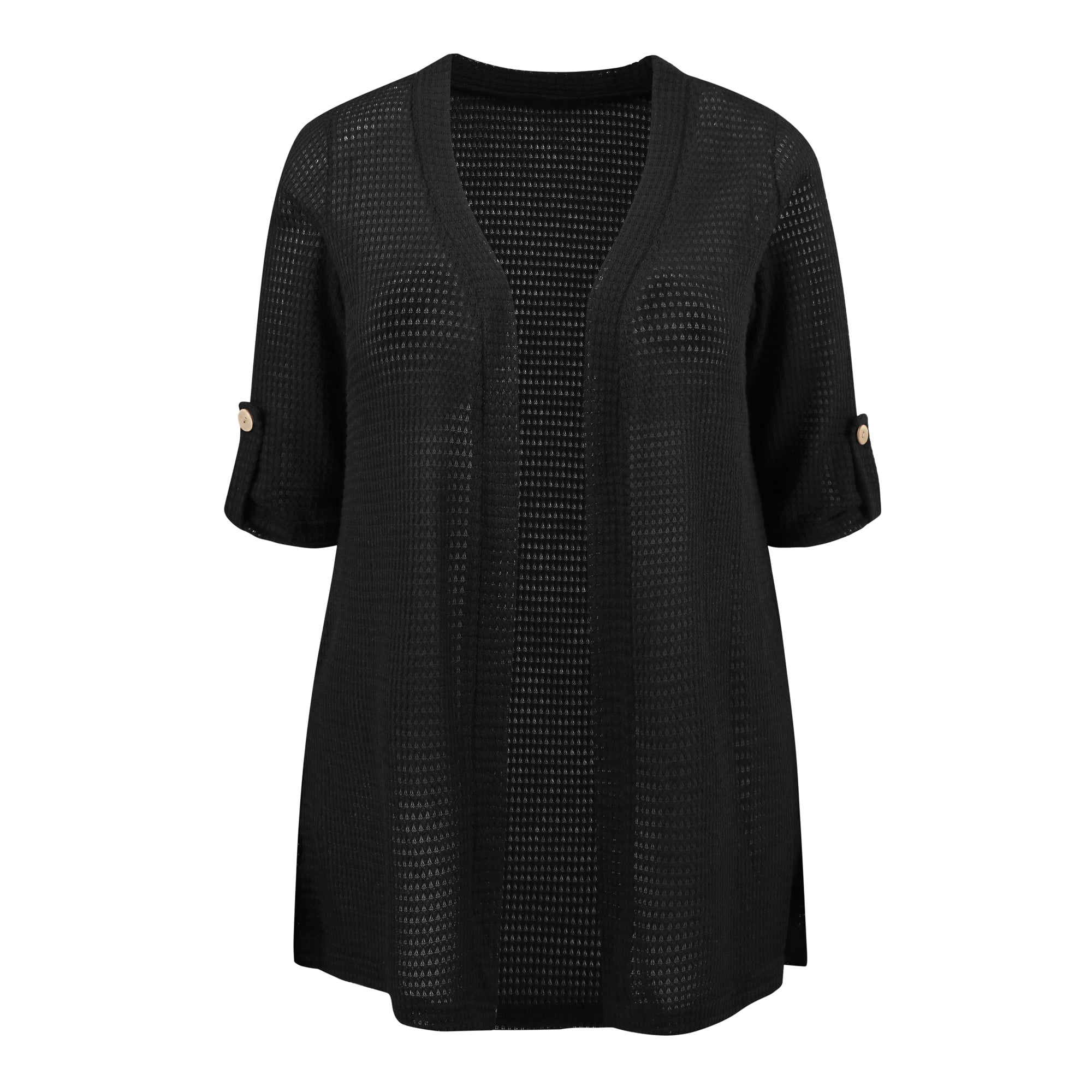 DARING DIVA Women's Plus Hollow Out 3/4 Sleeve Long Open Front Cover Up 1X Black
