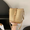 thumbnail image 4 of Bolso Bandolera Bolso tipo cubo de verano, bolso de mensajero tejido con costuras de PU para viajes (caqui), 4 of 8