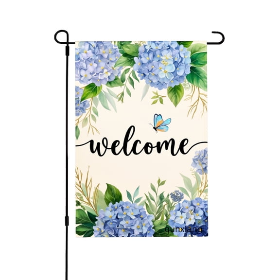 Amhnf Floral Welcome Garden Flag With Blue Hydrangeas And Butterfly For Home Outdoor Garden Yard Decor 12x18 inch