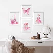 PixonSign Framed Wall Art France Eiffel Tower Butterfly Ballerina Perfume Posters, Set of 4 Preppy Room Wall Decor Pink Girls Fashion Minimalism Canvas Prints for Home Decor - 8"x10" White