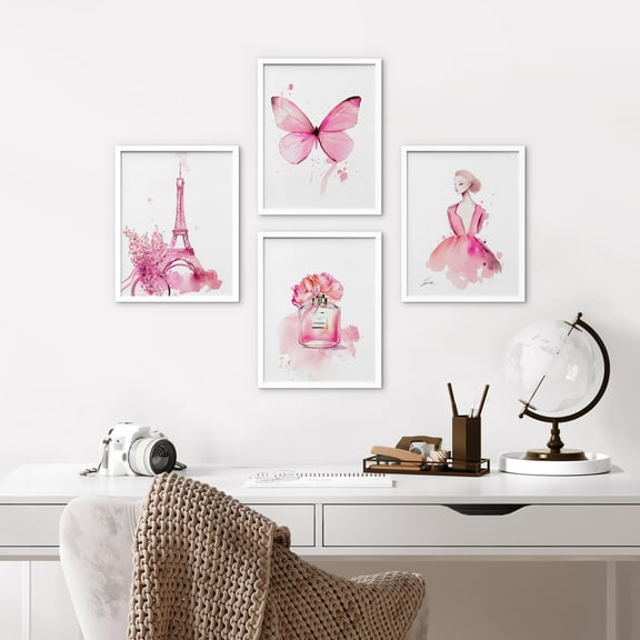 PixonSign Framed Wall Art France Eiffel Tower Butterfly Ballerina Perfume Posters, Set of 4 Preppy Room Wall Decor Pink Girls Fashion Minimalism Canvas Prints for Home Decor - 8"x10" White