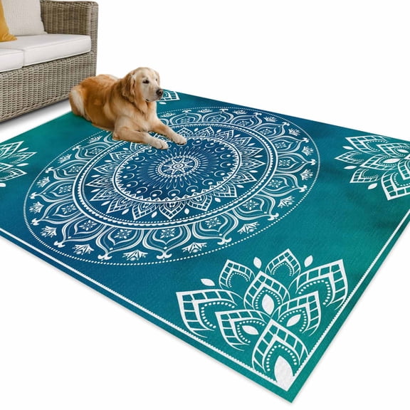 Outdoor Rug 6x9 ft Teal Blue Bohemian Waterproof Outdoor Patio Rug Mat Non Slip Outside Area Rugs Carpet for RV,Camping,Porch,Deck,Pool,Balconybackyard,Retro Man-dala Pattern White