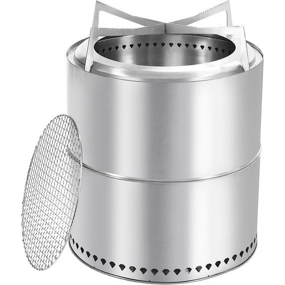 Lineslife Portable Smokeless Fire Pit for Outside with Grill & Stand, 3-in-1 Multifunctional Stainless Steel Firepit