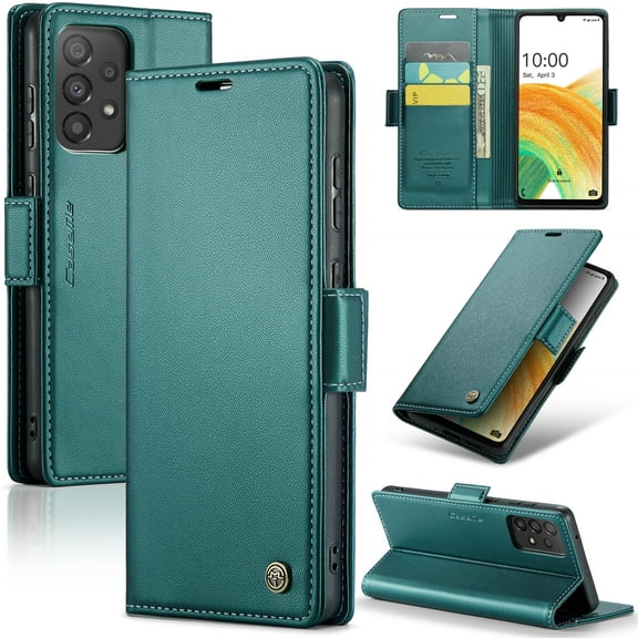 ELEHOLD Wallet Case For Samsung Galaxy A22 5G,Premium Leather Case wih RFID Blocking Function Card Slots Kickstand Magnetic Clasp Shockproof Cover for Men Women,Green